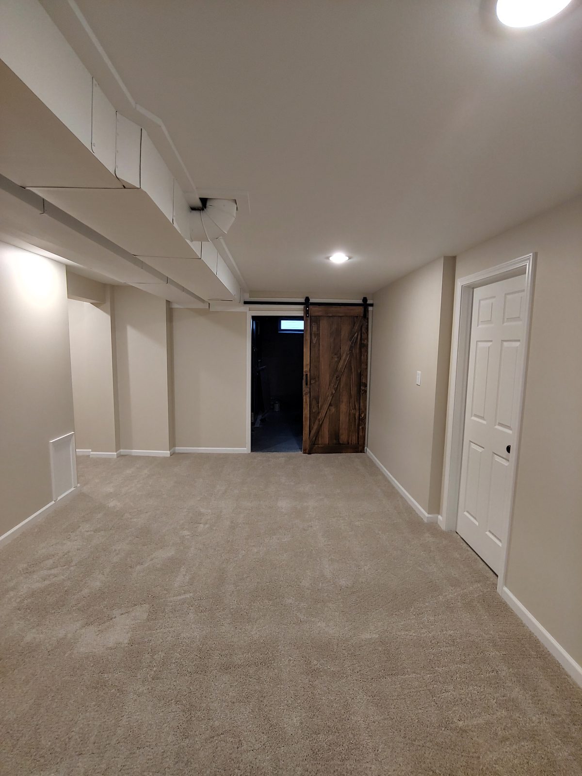Finished basement living area with barn door