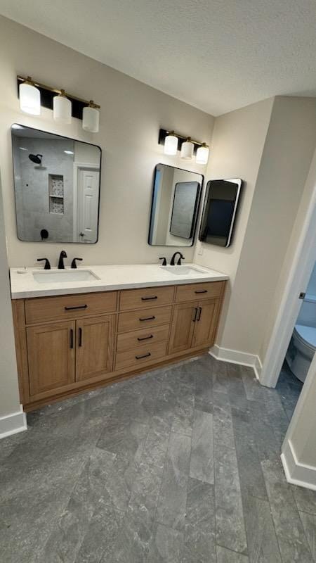 Finished double-vanity bathroom with custom wood vanity