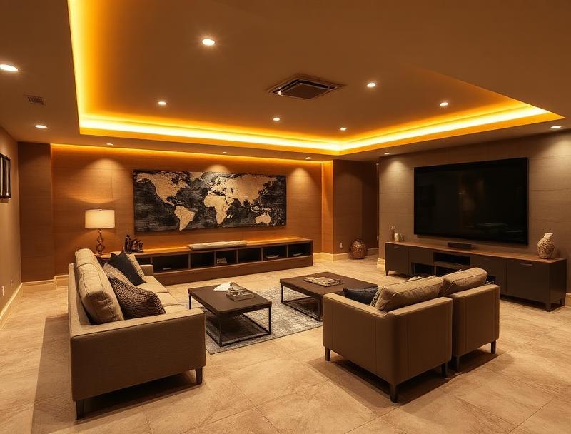 Finished basement living space with recessed lighting and modern flooring