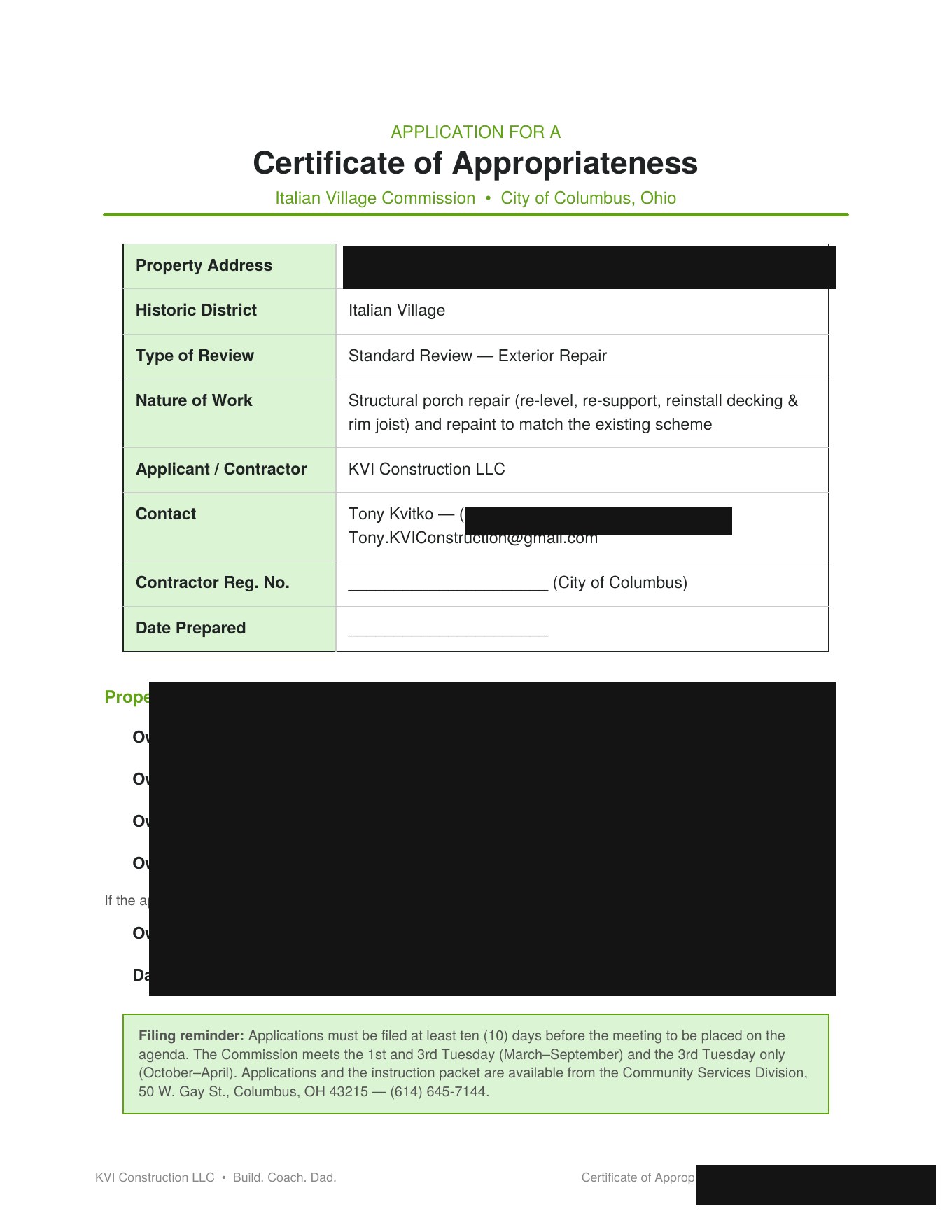 Certificate of appropriateness application filed with the Italian Village Commission, homeowner information blacked out